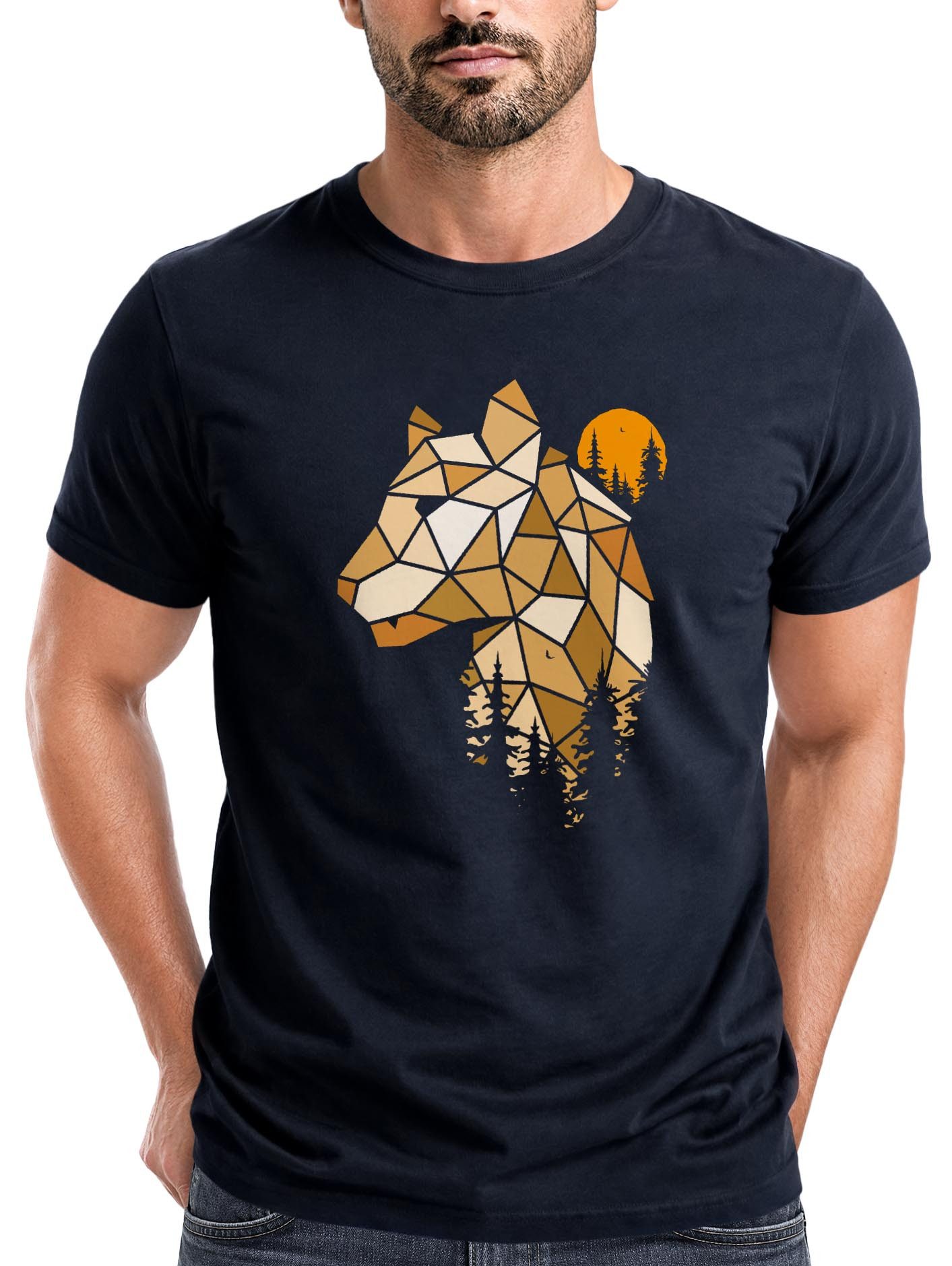Neverless Print-Shirt Herren T-Shirt Fashion Polygon Print Luchs Wald Tiere Outdoor Motiv mit Print