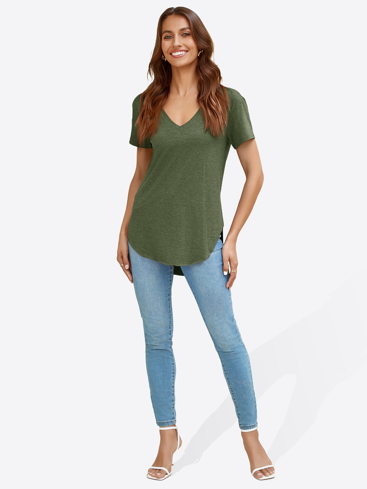 Imily Bela T-Shirt Damen V-Ausschnitt mit verlängertem, gerundetem Saum (Packung, 1-tlg., 1per-Pack) in Unifarbe – Bild 3 von 5