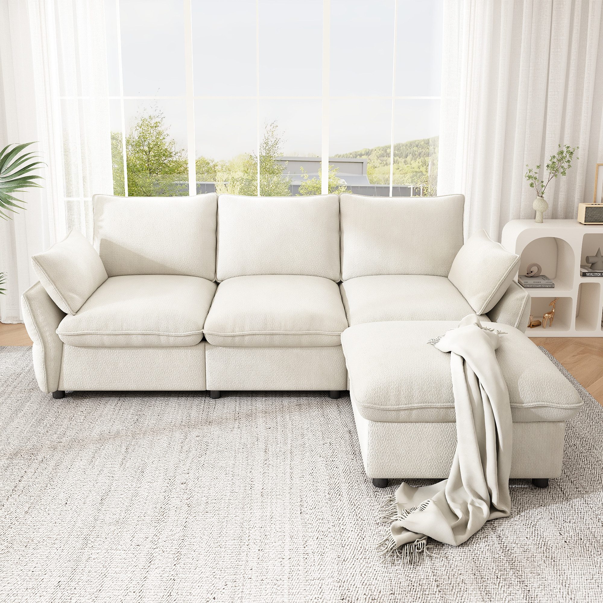Flieks Ecksofa 3-Sitzer Sofa inkl. 1 Hocker & 2 Zierkissen, 222,5×154,5×76,5 cm 1 Teile, L-Form Couch Chaiselongue mit Schlaffunktion, Chenille, Beige – Bild 2 von 5
