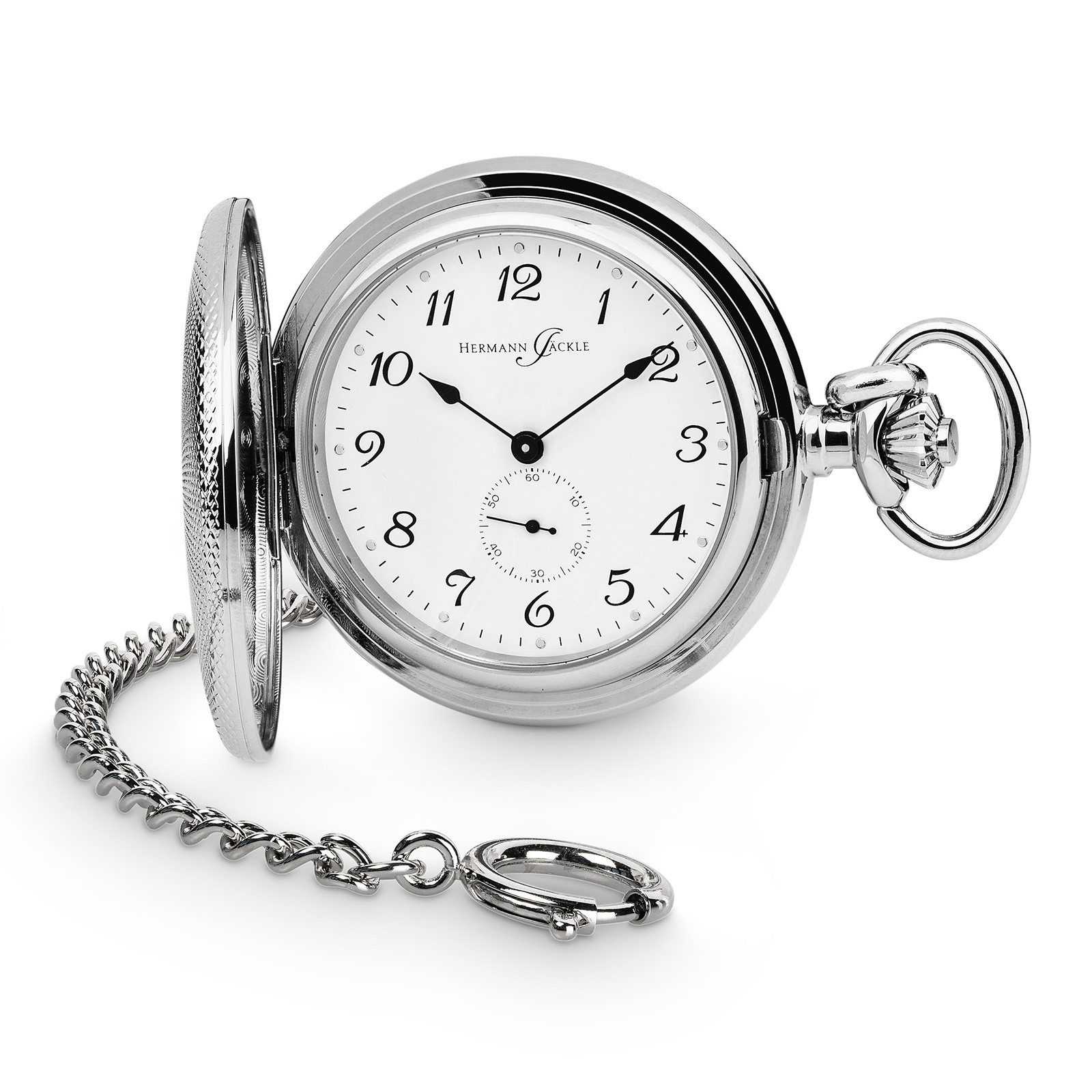 Hermann Jäckle Taschenuhr Freiburg Quarz, dezentrale Sekunde, 48 mm mit Kette und Reiseetui