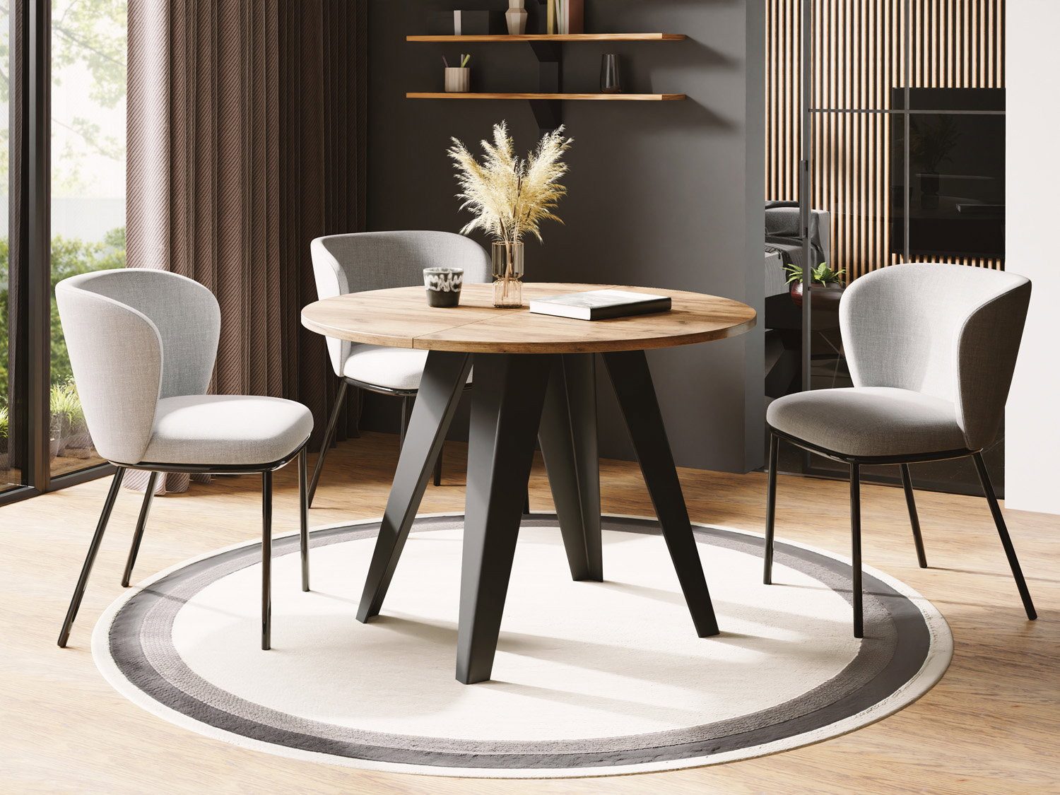 WFL GROUP Esstisch Glory ausziehbar rund industrial mit schwarzen Metallgestell (MADE IN EU, erhältlich in zwei Größen – 90/100 cm, ausziehbar auf 130/140 cm), platzsparender Tisch für kleine Küche, Esszimmer oder Wohnzimmer