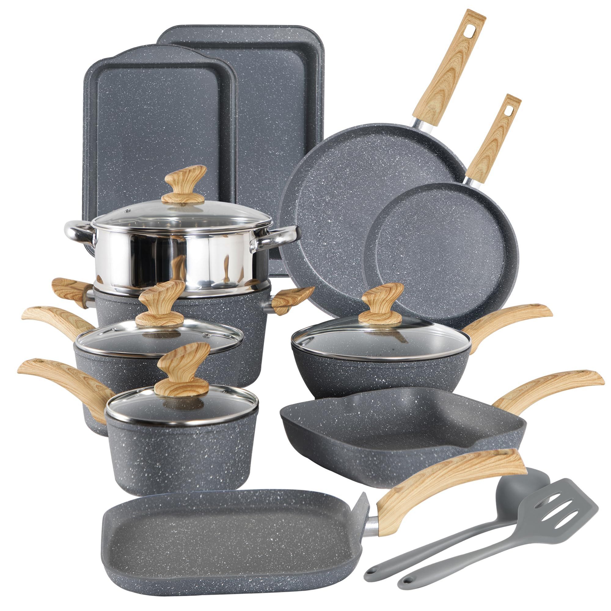 Kitchen Academy Topf-Set, Aluminium, Granit (17-tlg, Pfanne 20cm/28cm, Bratpfanne 24cm, Quadratische Bratpfanne 24cm/29cm, Kasserolle 1,5qt/3qt/5qt, 5qt Dampfgarer, 2 Backform, 2 Silikonspatel), Induktions Кастрюли Set 17-teilig Kochtopf Set mit Glasdeckeln