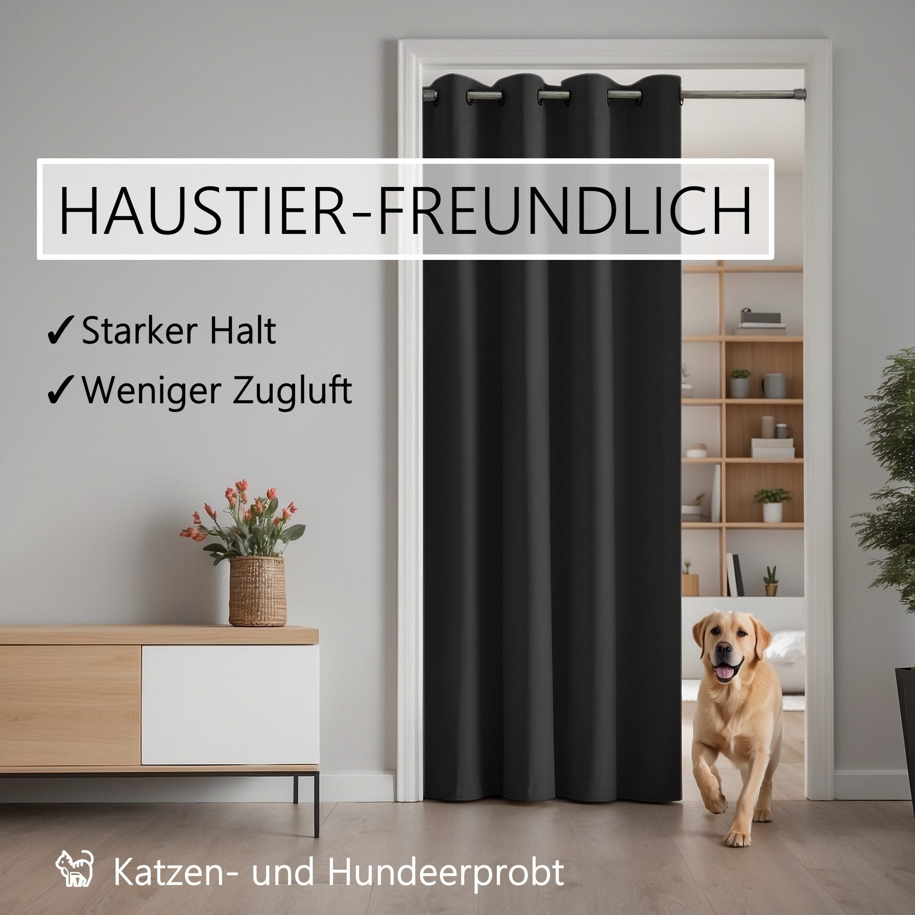 tinycurtains Türvorhang für alle gängigen Türgrößen, Thermovorhang (ohne Stange) Türgardine (1 St), Ösen, abdunkelnd, 100% Polyester, Raumteiler blickdicht schw – Bild 5 von 5