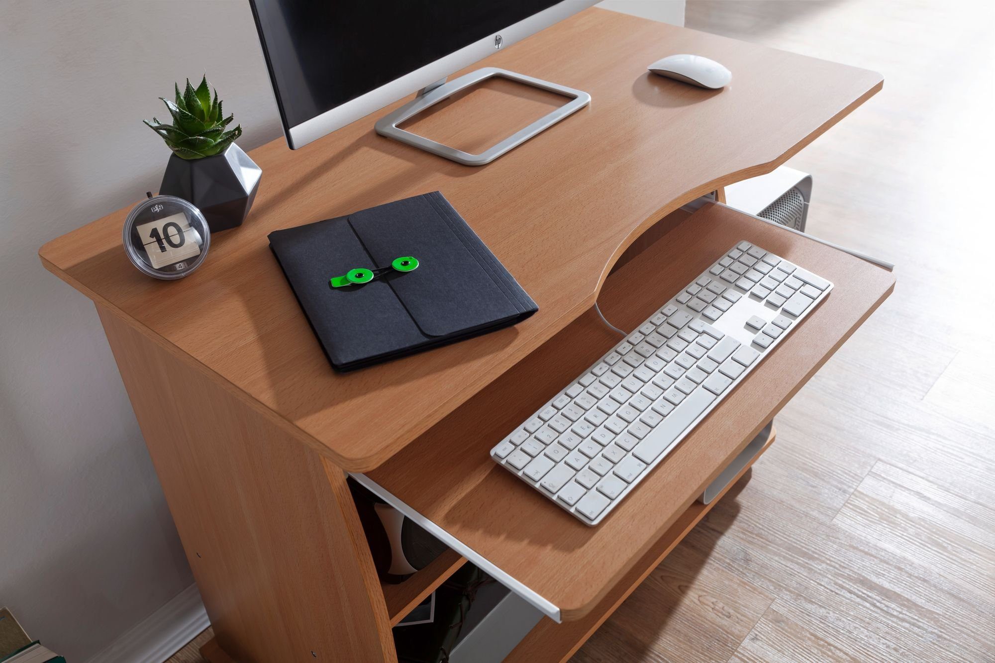 Modern), Stauraum PC-Tisch cm Schreibtisch Bürotisch Tastaturauszug Home 90x71x50 (Buche FB37499 Office, FINEBUY mit mit