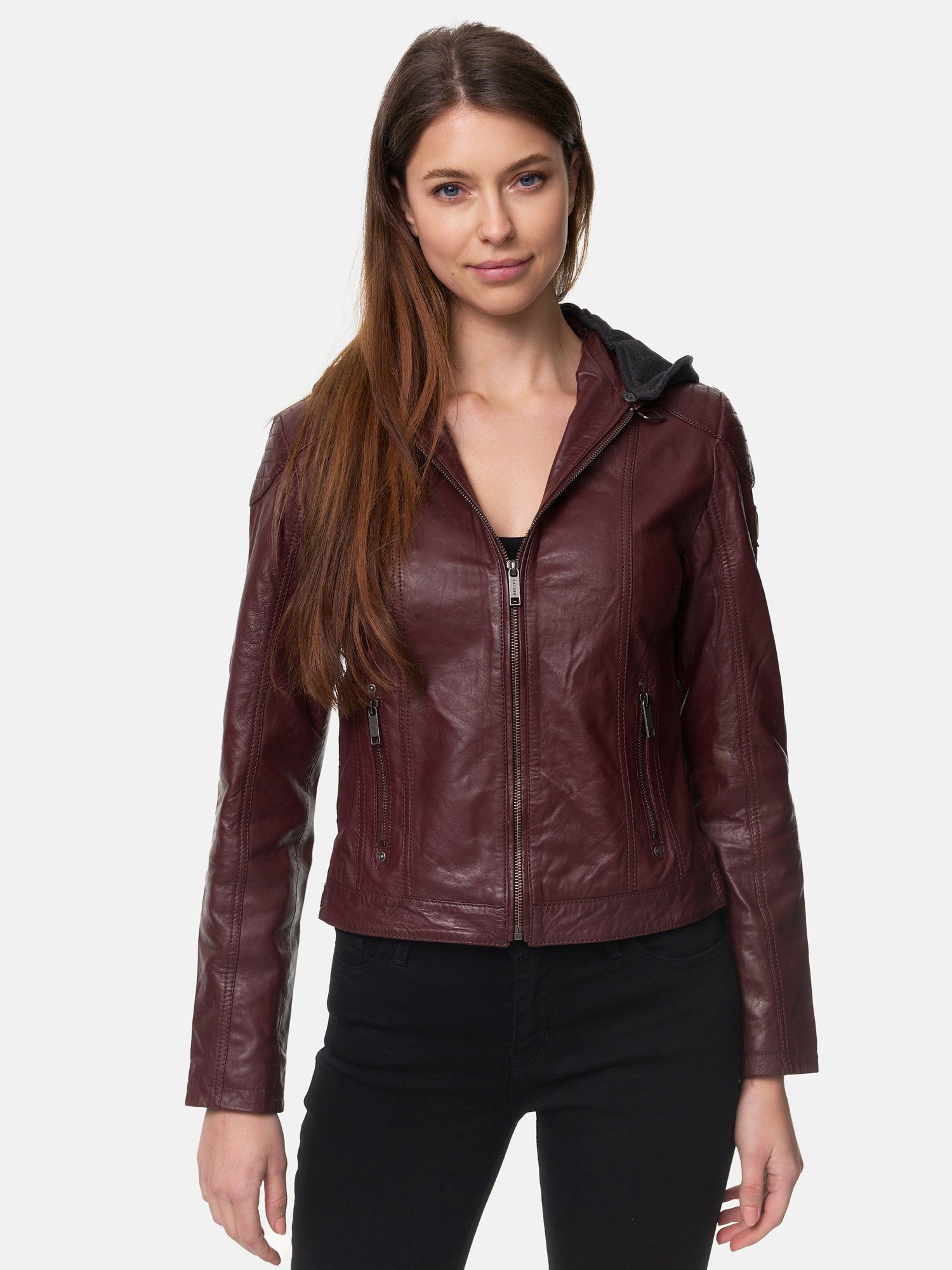 Tazzio Lederjacke F503 Damen Leder Jacke im Biker Look mit abnehmbarer Kapuze bordo