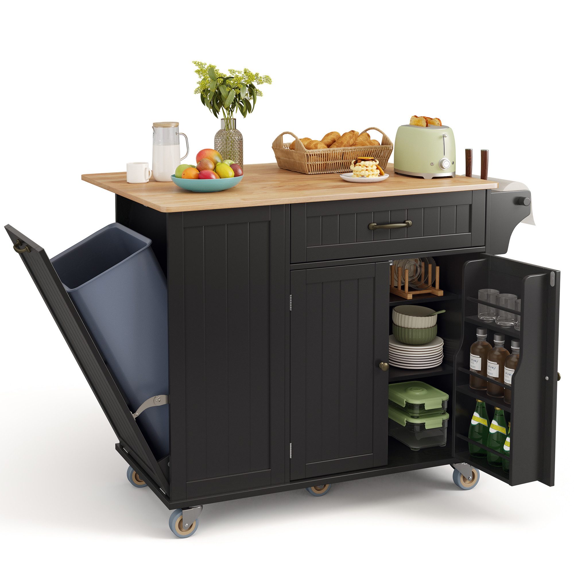 Blishom Küchenwagen Fahrbare Kücheninsel mit Mülleimerfach, 113x51x91 cm, Mobile Küchenwagen mit klappbarer Arbeitsplatte und Schubladen