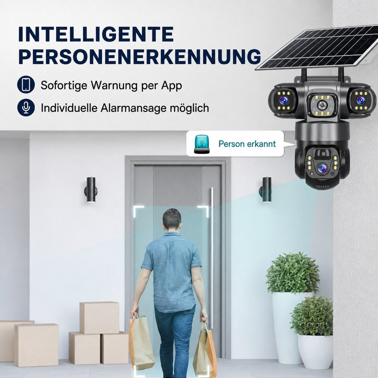 HS.SUPPLY Überwachungskamera Solar Überwachungskamera Außen WLAN PTZ 15MP 3-Linsen IP66 (Innenbereich, Außenbereich, Komplett-Set, Direkt einsatzbereit, Drei Objektive, Solarstromversorgung, PIR-Personenerkennung)