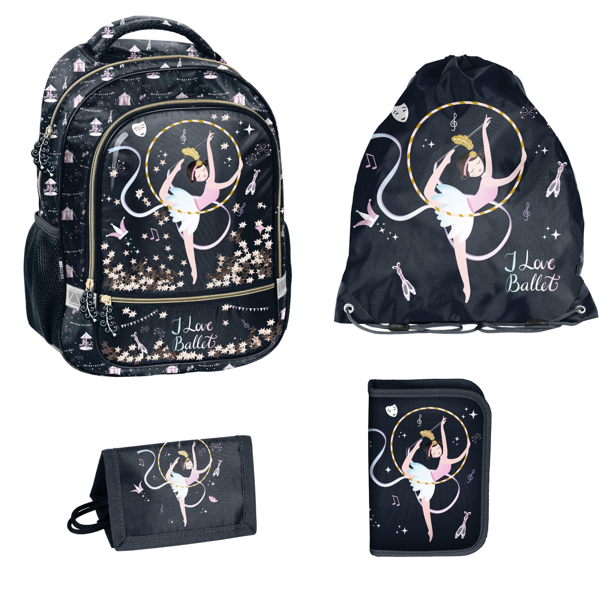 PASO Schulranzen 4 Teile Schulset: Rucksack + Turnbeutel + Federmappe + Portemonnaie, Ballerina
