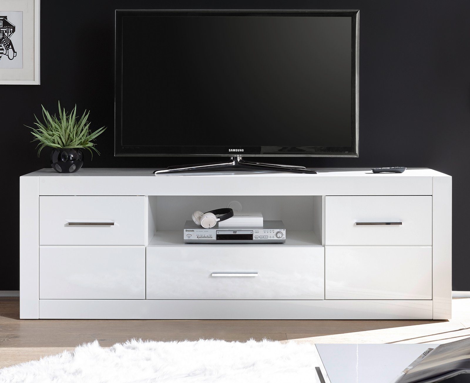 Furn.Design Lowboard Carrara (TV Unterschrank 180 cm in weiß Hochglanz, mit Komforthöhe), auf Rollen