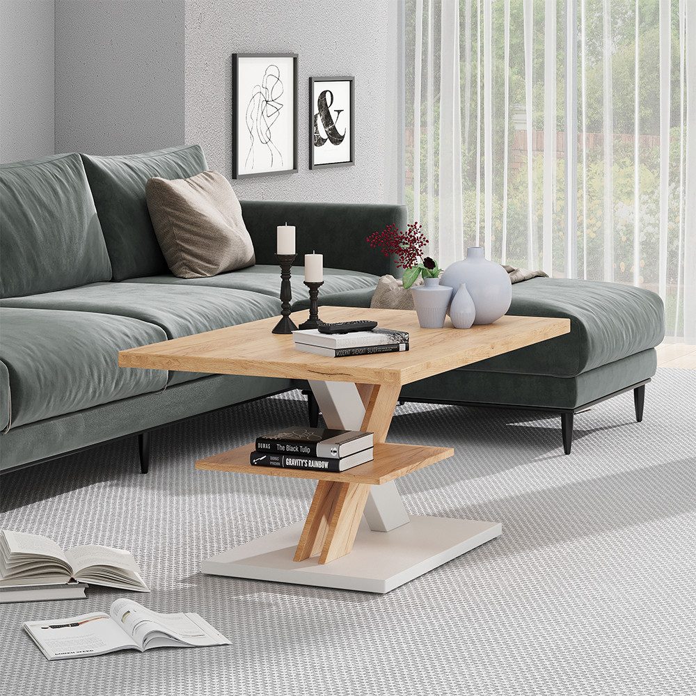 Vicco Couchtisch Arivo, Eiche/Weiß, 90 x 60 cm mit Ablage günstig online kaufen