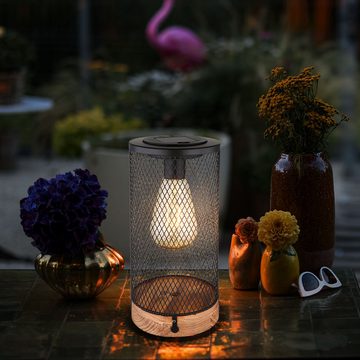 Globo LED Solarleuchte, LED-Leuchtmittel fest verbaut, Warmweiß, Solarlampe Tischleuchte Außen LED Gartendeko Holz, Metallgitter