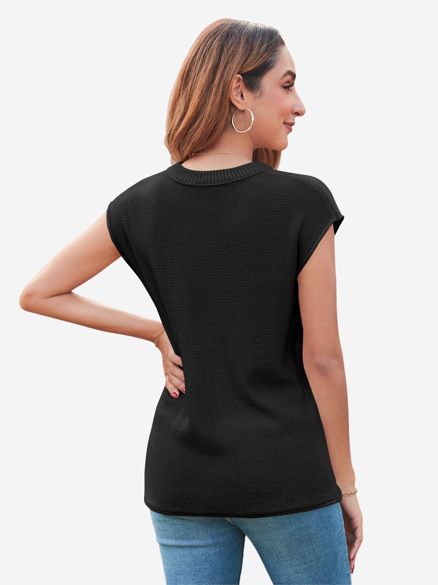 Imily Bela Stricktop Damen Cap Sleeve Kurzarm Rundhals Casual Loose Pullover (Packung, 1-tlg., 1per-Pack) gehäkelt in Unifarbe Teilungsnähte