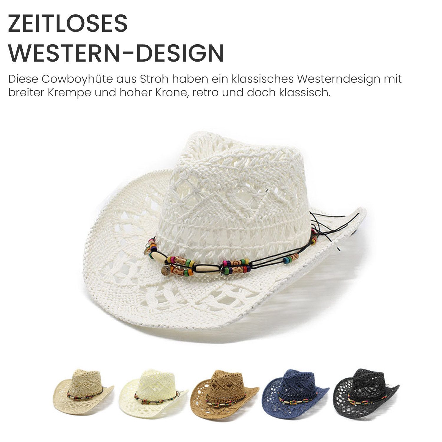 Refttenw Strohhut Damen Sommer Ausgehöhlter Strandhut Herren Sonnenhut Cowboy Hut Breite Krempe, mit Perlenband, für Reisen