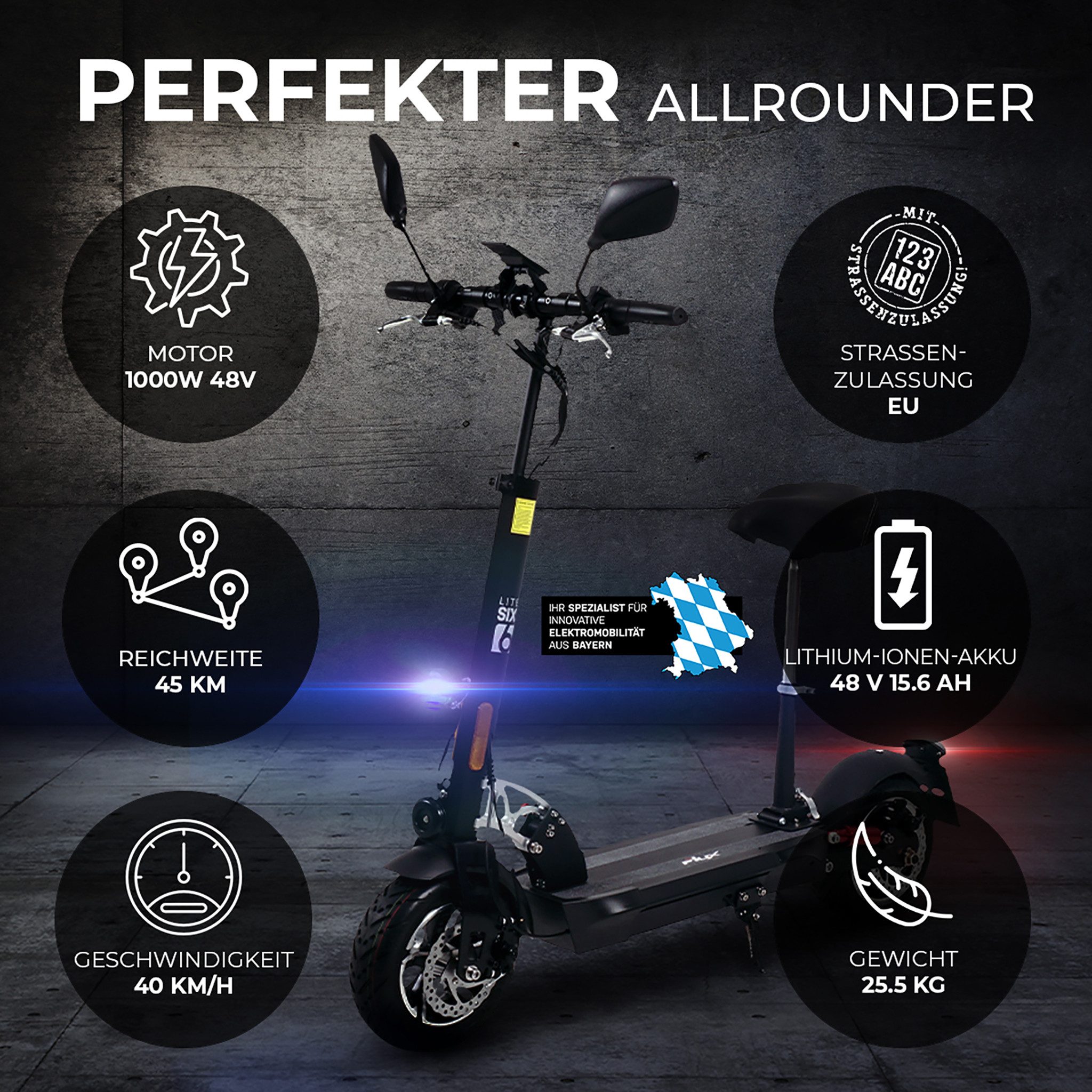 eFlux E-Scooter Lite Six 40 km/h Elektro Roller mit Straßenzulassung klappbar, Escooter, Elektro Roller, Elektro Scooter mit Straßenzulassung