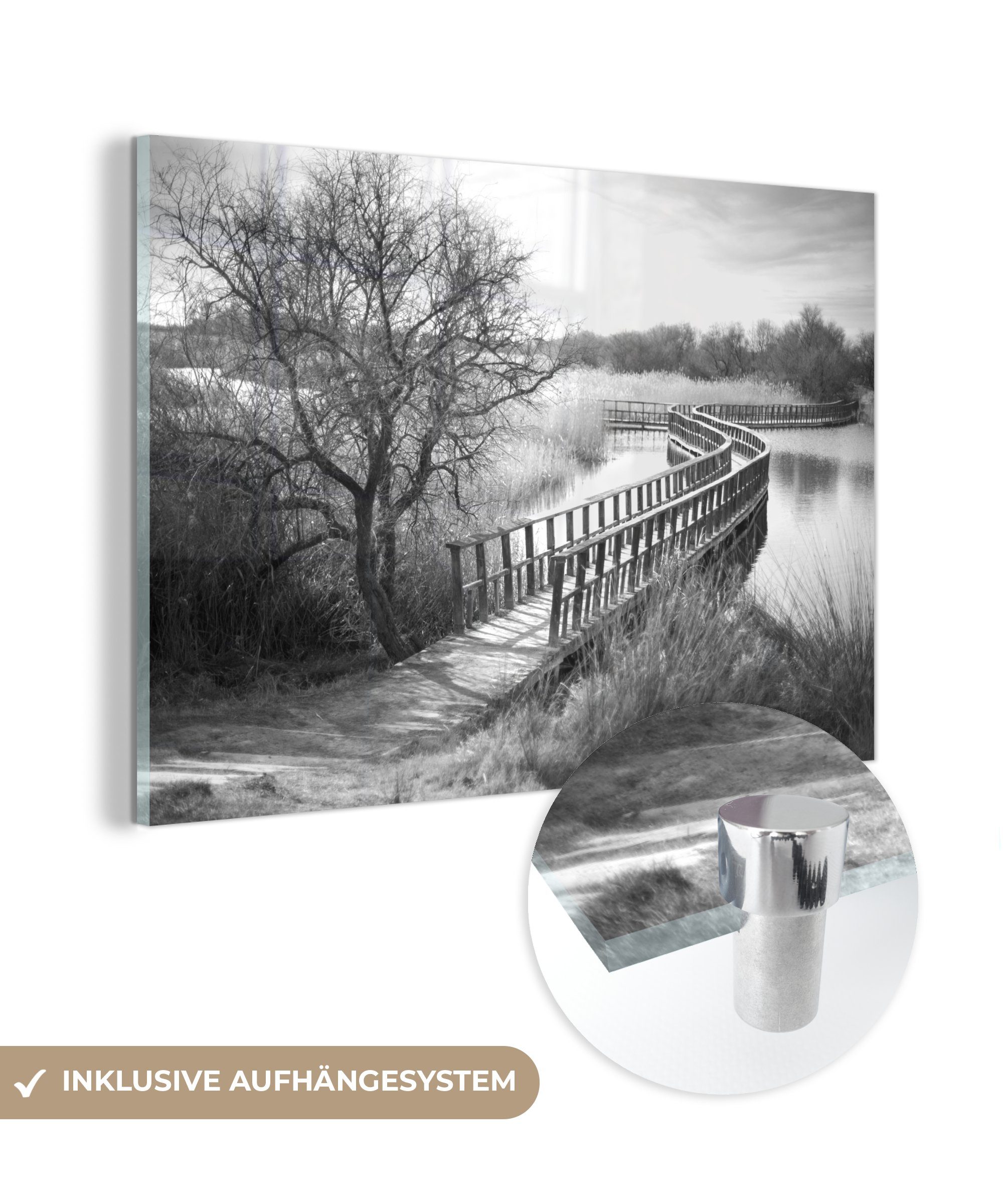 MuchoWow Acrylglasbild Brücke über die karge Landschaft des Nationalparks Tablas de Daimiel -, (1 St), Acrylglasbilder Wohnzimmer & Schlafzimmer