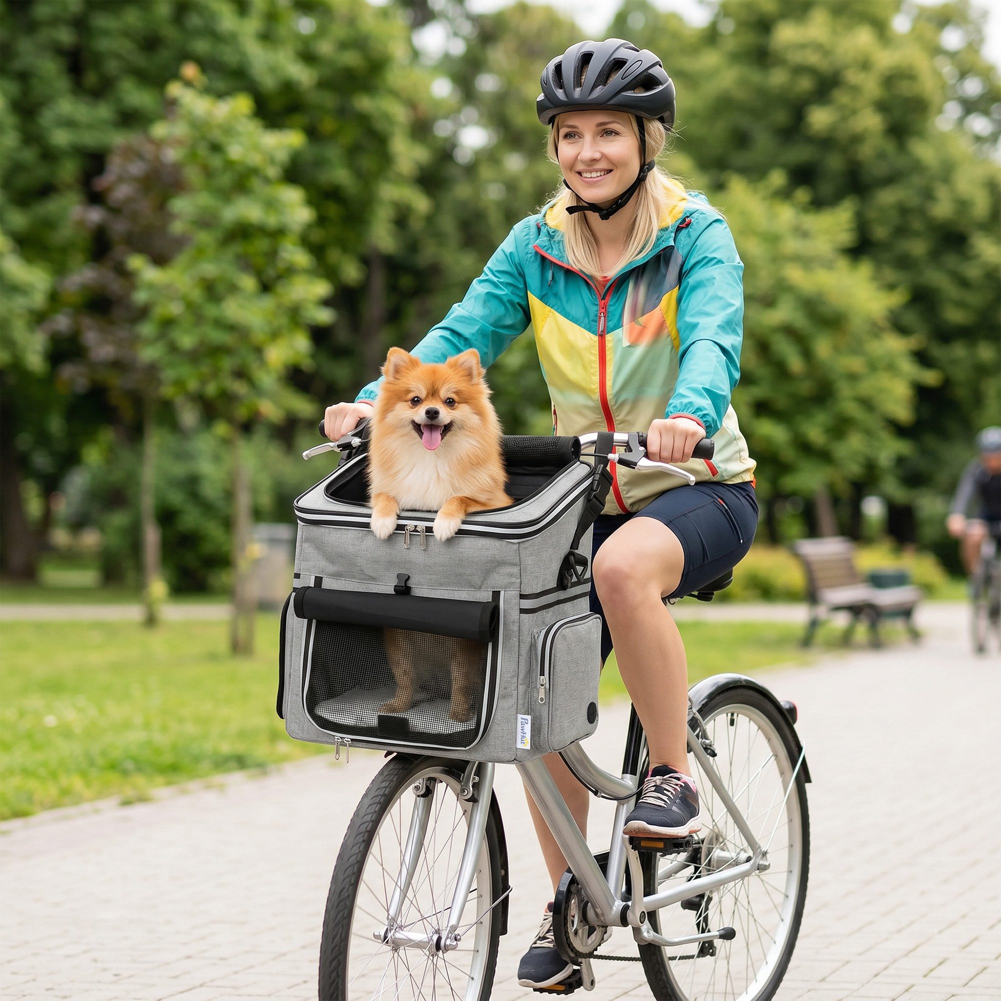 PawHut Tierfahrradkorb Hundekorb Fahrrad Vorne mit Sicherheitsleine Kissen Mesh-Tür Schüssel bis 5 kg, für Kleine Hunde und Katzen bis 5kg Hellgrau