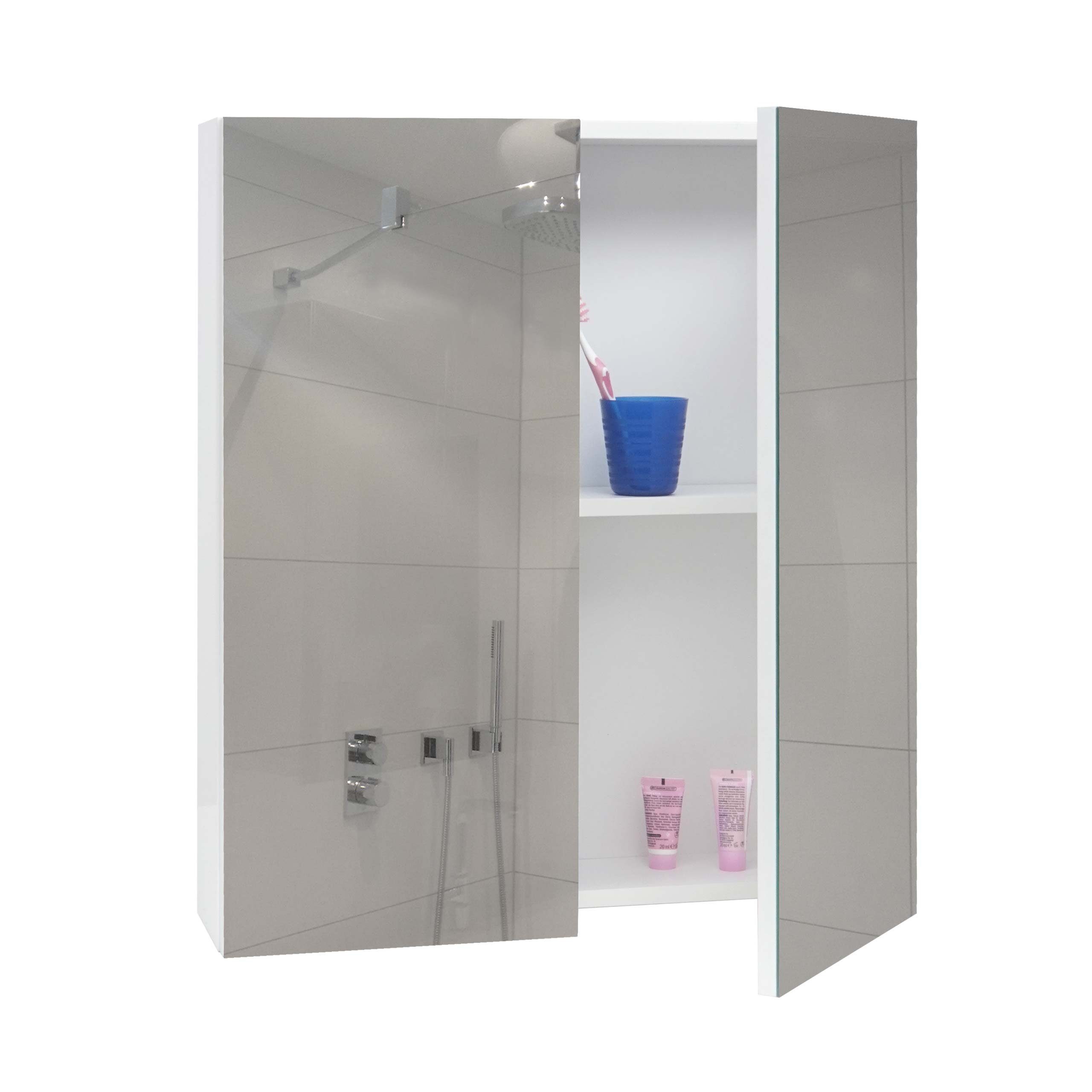 Hochglanz-Optik weiß weiß Badezimmerspiegelschrank | MCW Ablageflächen, mit MCW-B19b-60