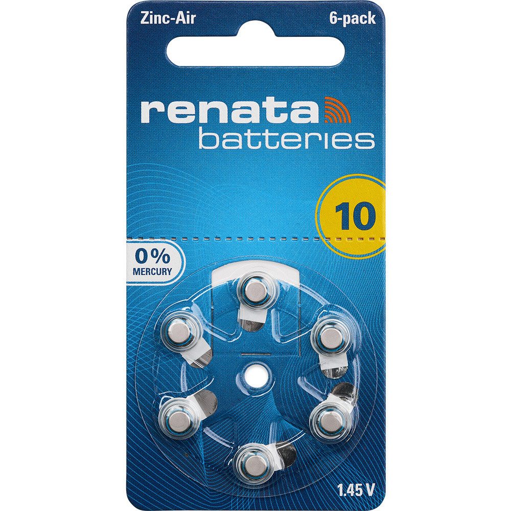Renata Renata Knopfzelle ZA 10 1.4 V 6 St. 105 mAh Zink-Luft Hearing Aid PR70 Knopfzelle, (1.40 V)