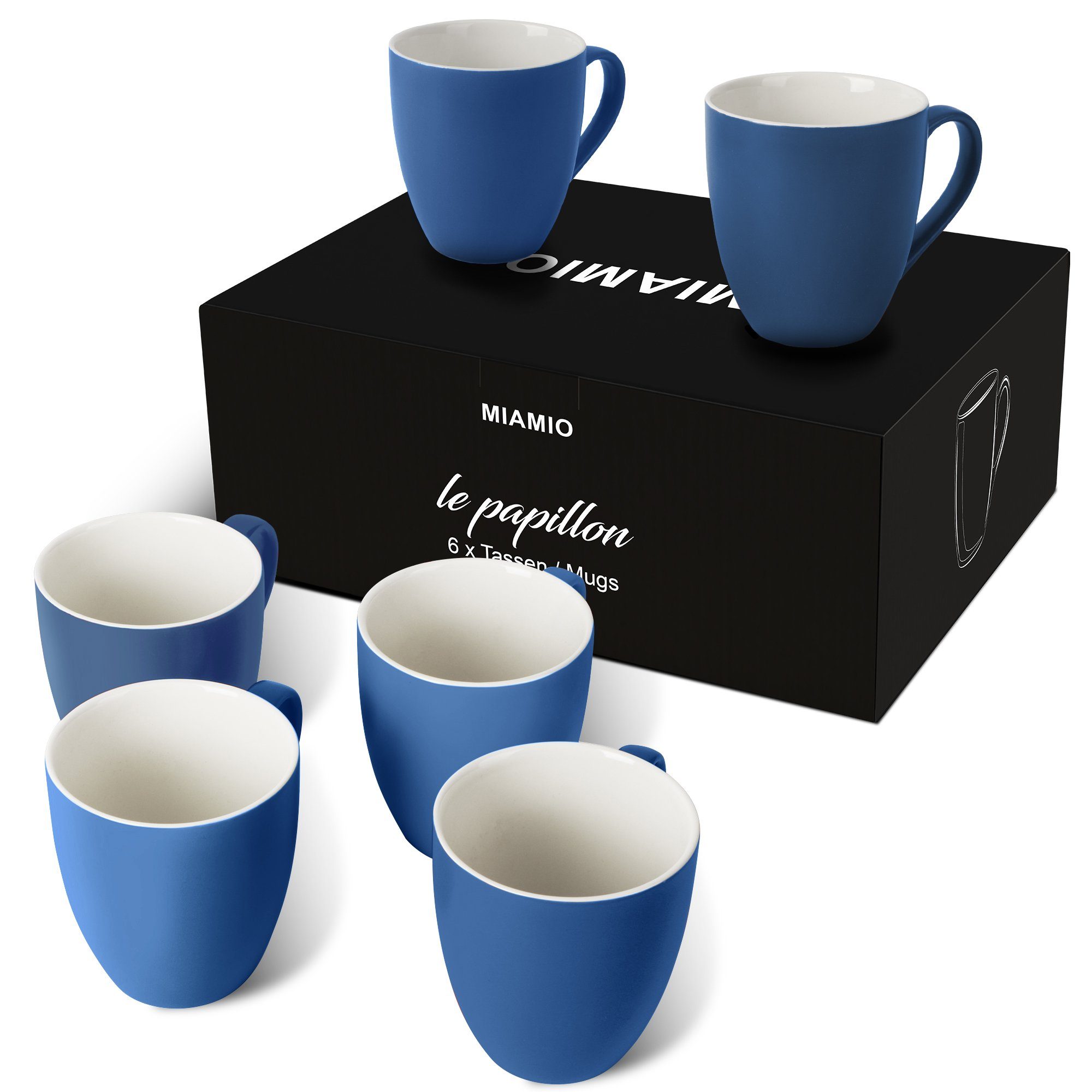 MiaMio Tasse 6 x 350 ml Kaffeetassen Set Außen Farbig Innen Weiß (Blau)