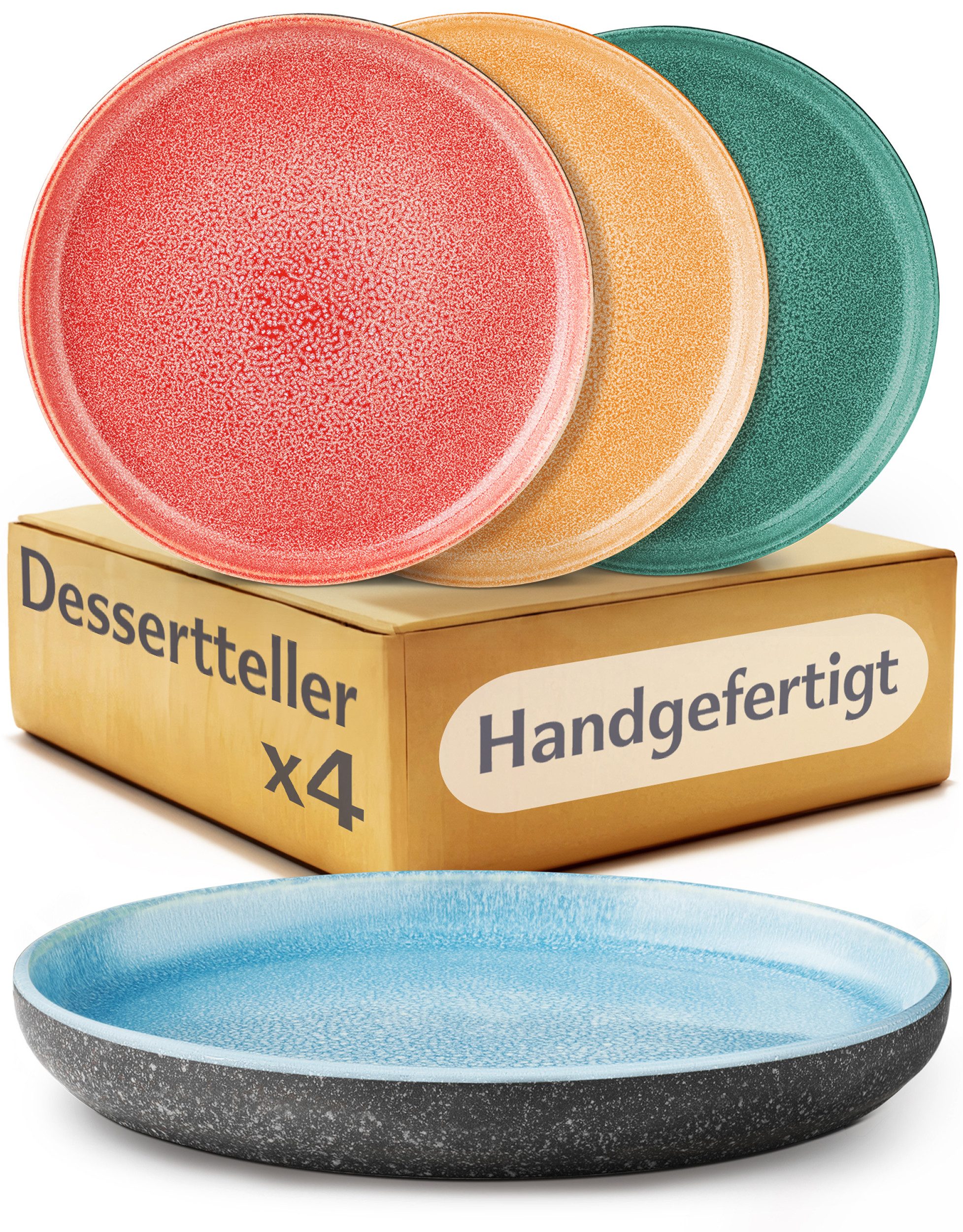 Cosumy Dessertteller Steingut Geschirr Set 4 Personen – Handgefertigtes Tafelservice, (4 St), Handglasiert- Mikrowellenfest - Spülmaschinenfest – Design Geschirr";