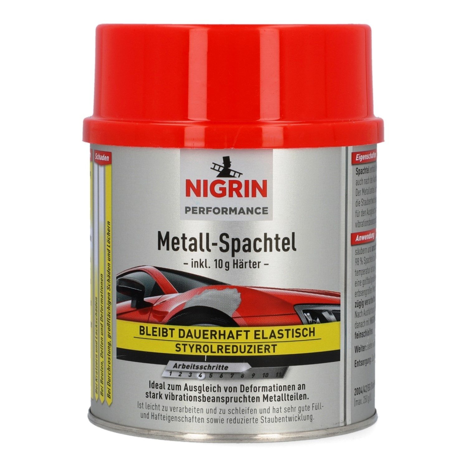 NIGRIN Spachtelmasse 2K Metall-Spachtel mit Härter 500g Füll-Spachtel, Spachtel-Masse Universal Metall-Spachtel Vibrationsfest Füllspachtel