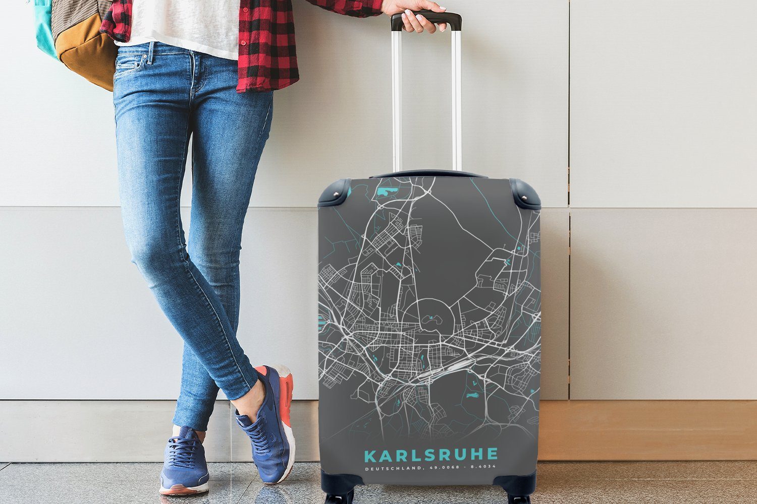 Trolley, - - Reisetasche Handgepäckkoffer rollen, für Reisekoffer MuchoWow 4 Karte, Handgepäck Deutschland Stadtplan Karlsruhe Ferien, Rollen, - Blau - mit