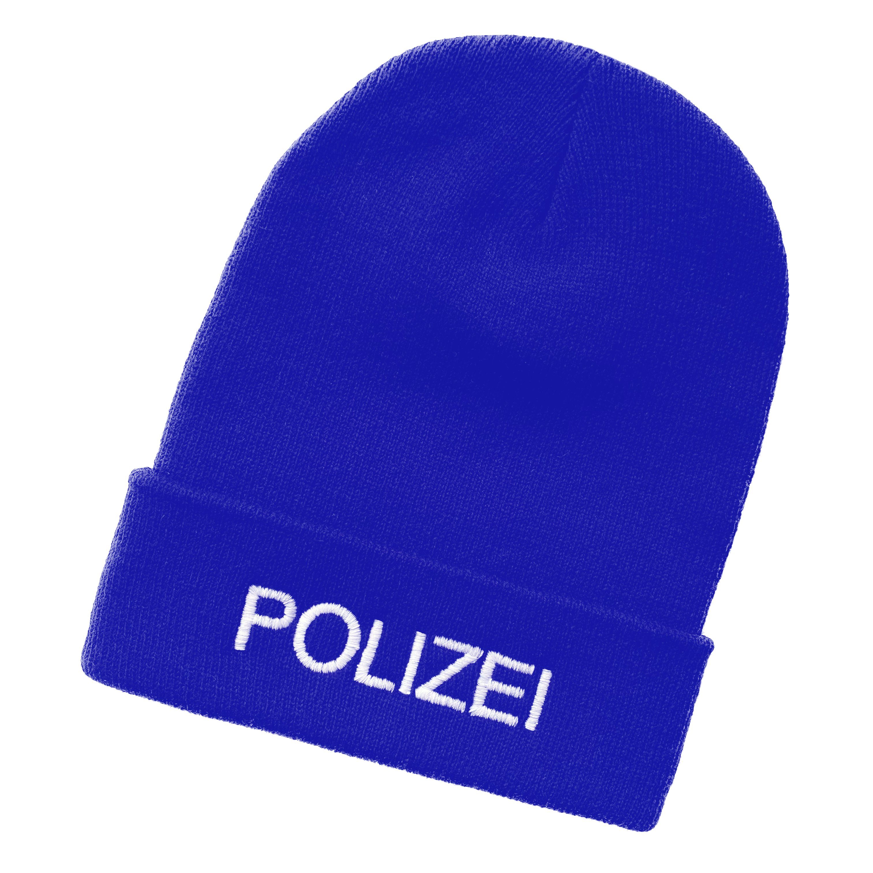 Schnoschi Strickmütze Strickmütze mit breiten Umschlag (Beanie Mütze) mit Polizei bestickt mit Umschlag blau
