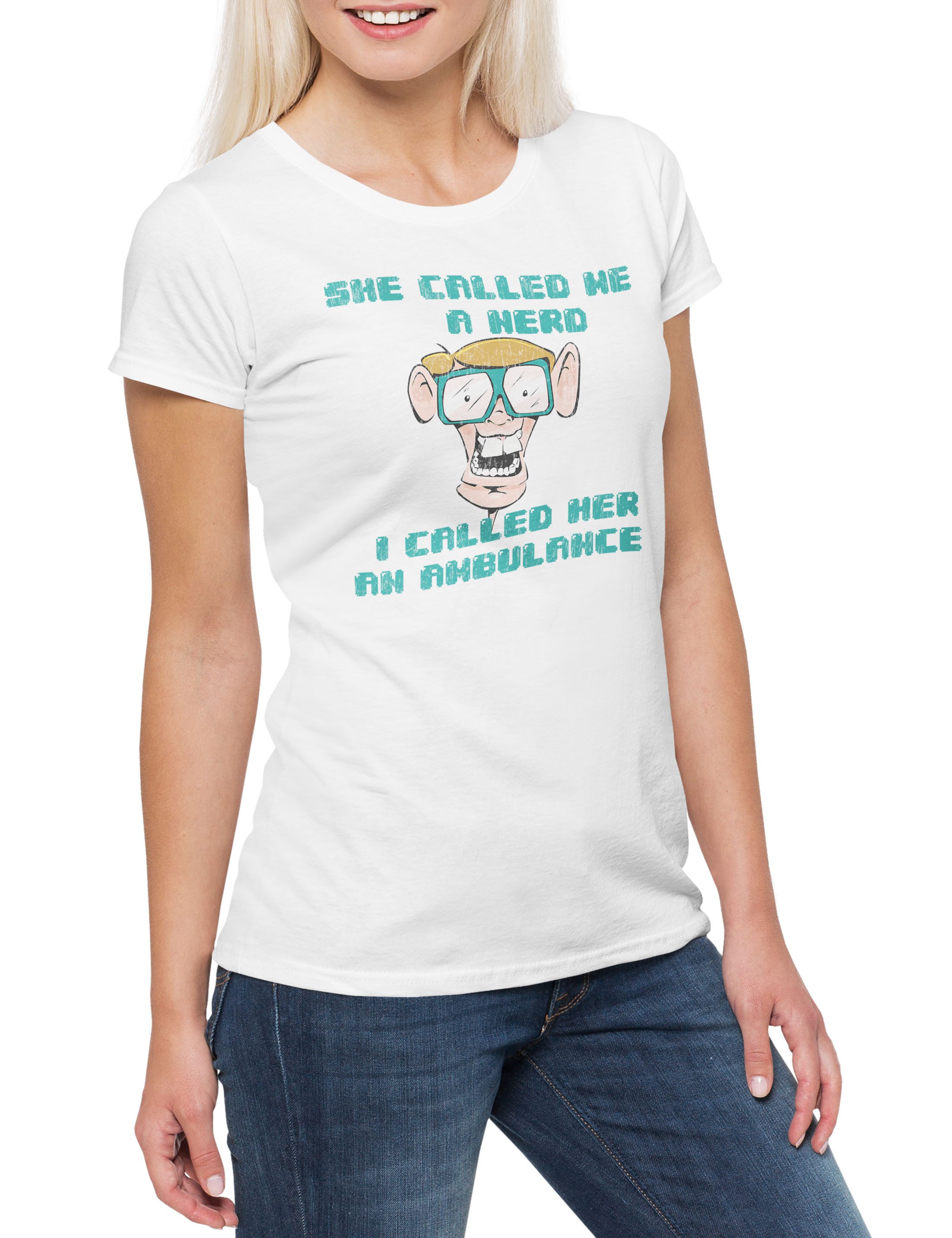 Print-Shirt She Called Me A Hero Damen T-Shirt Fun Binary Code Binär Jerk Geek