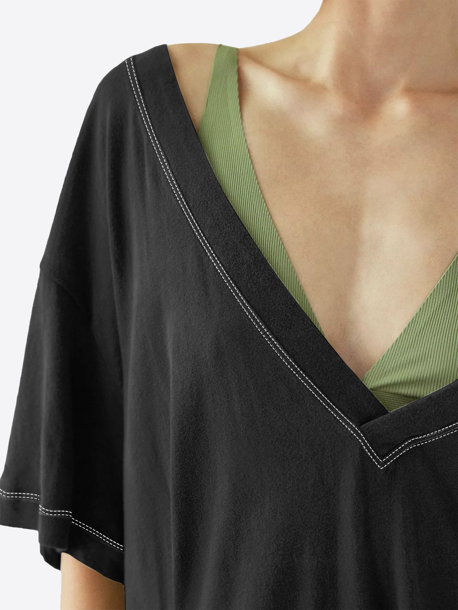 Imily Bela T-Shirt Damen Oversize mit tiefem V-Ausschnitt Cover-up Casual (Packung, 1-tlg., 1per-Pack) mit Seitenschlitzen Kontrastnähten – Bild 4 von 5