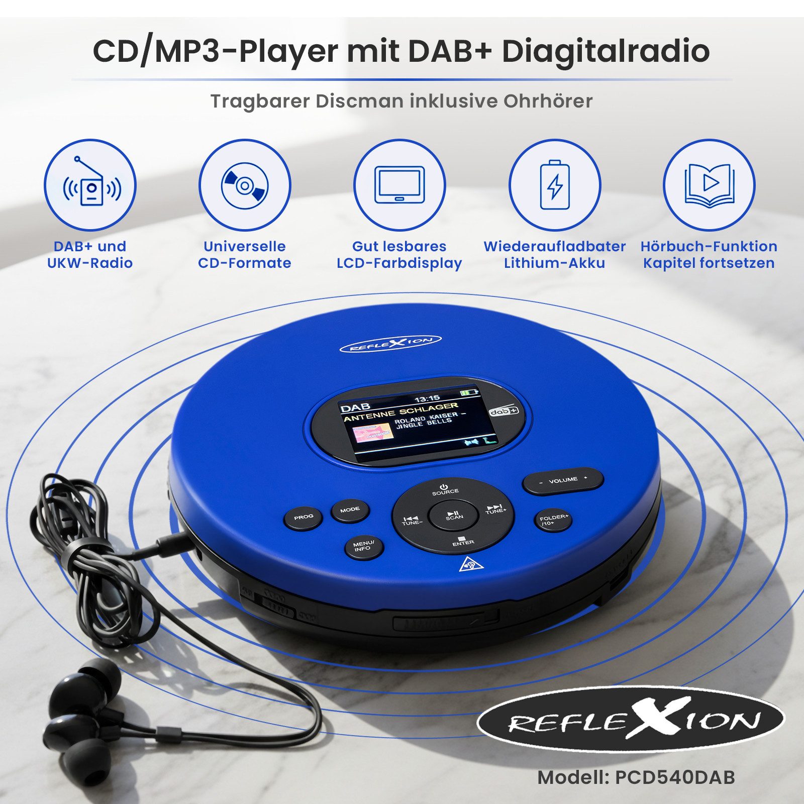 Reflexion PCD540DAB CD/MP3-Player mit DAB+ Digitalradio tragbarer CD-Player (LCD-Farbdisplay, Hörbuchfunktion, Ohrhörer, 8 Std. Akkulaufzeit)