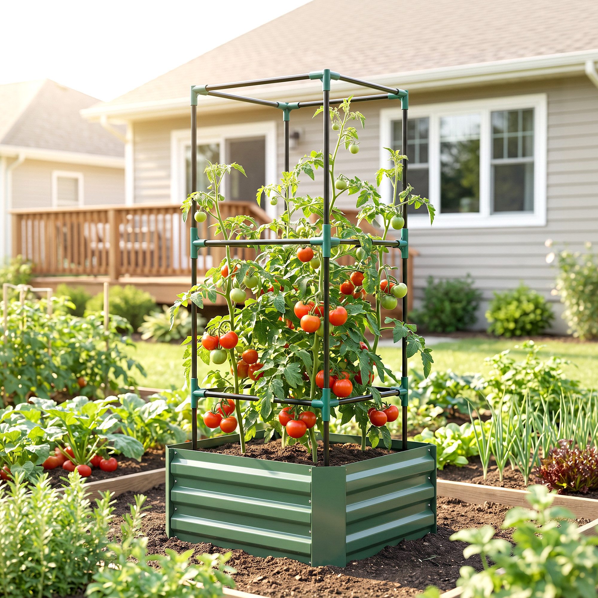 Outsunny Hochbeet Blumenkasten höhenverstellbar mit Rankhilfe, Pflanzkasten (Gemüsebeet, 1 St., Kräuterbeet), für Garten, Balkon, Verzinkter Stahl, Grün, 61 x 61 x 140 cm