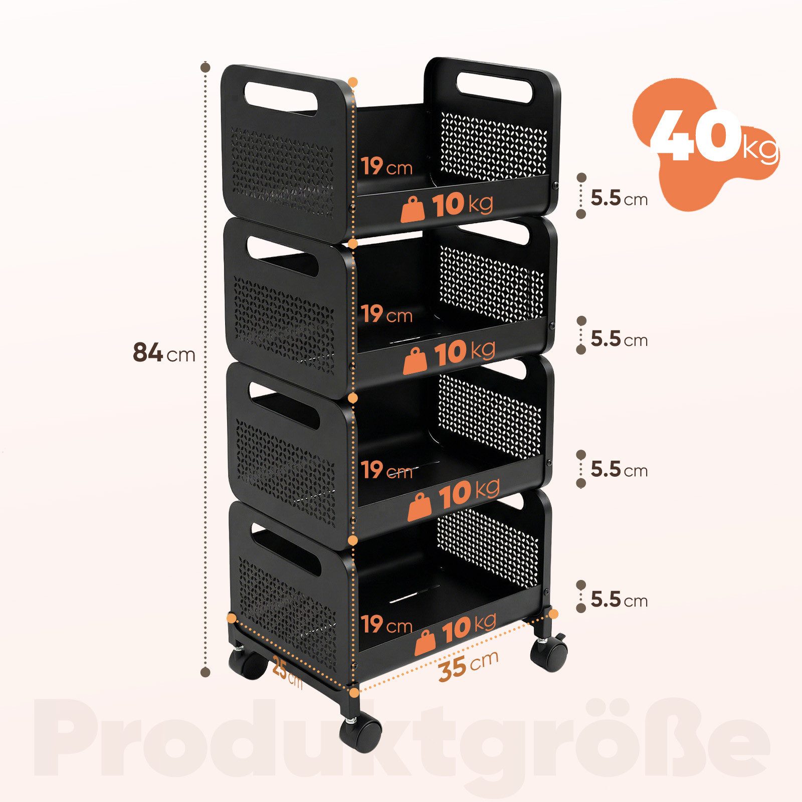 Sekey Rollwagen Küchenwagen 25 cm breit, servierwagen mit rollen, gemüseregal küchenwagen Metall Aufbewahrungsregal, mit 4 Ebenen