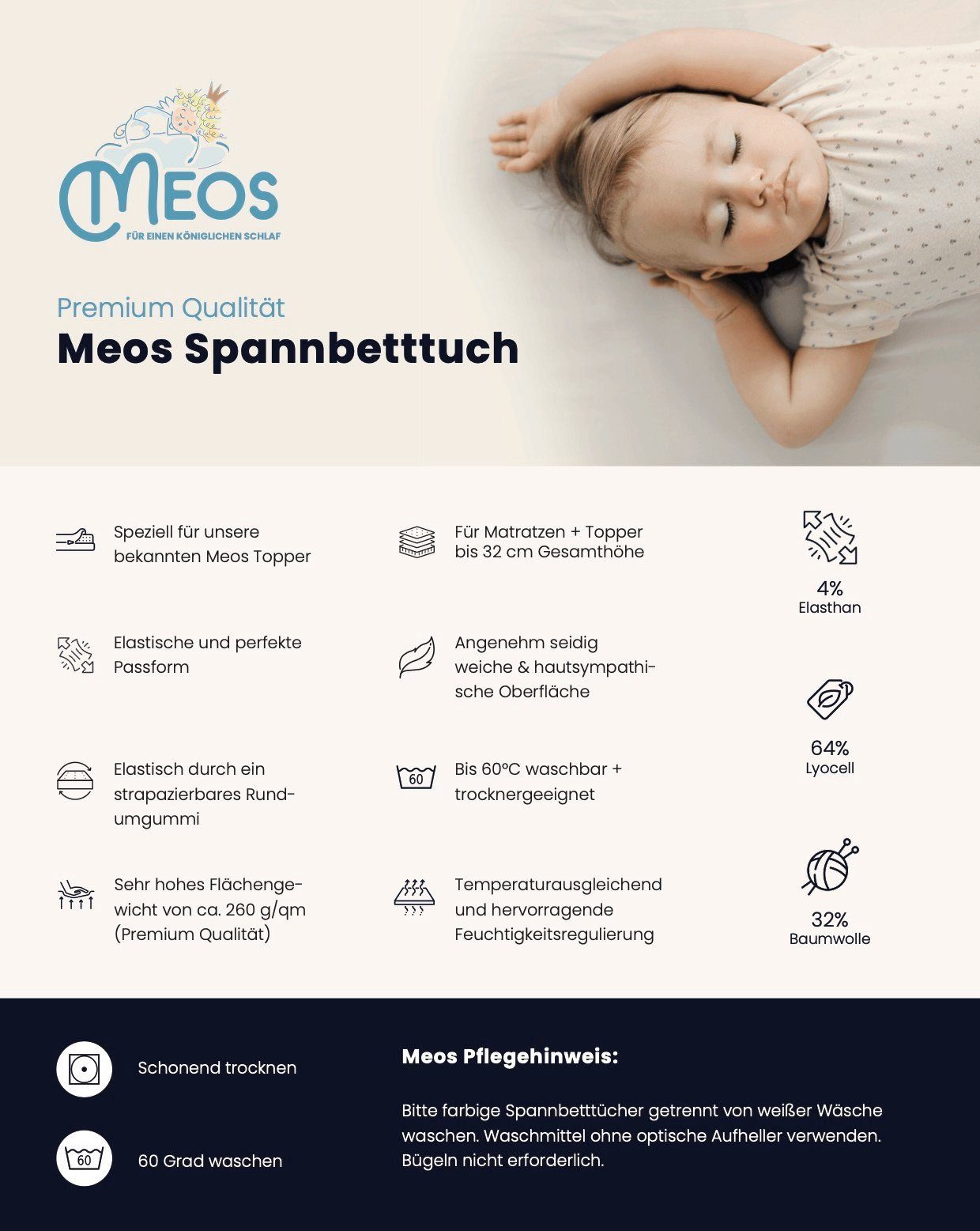 Meos Spannbettlaken Premium Spannbetttuch, Lyocell, Gummizug: rundum, Rundumgummi, (1 Stück), Lyocell, Rundumgummi, Bettlaken aus Lyocell, Baumwolle & Elasthan
