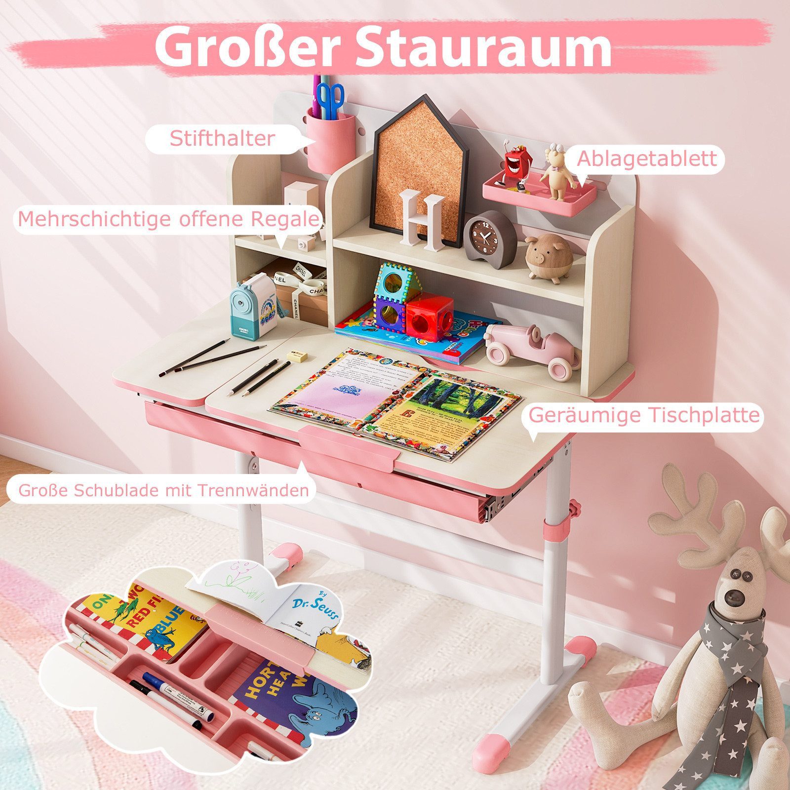 COSTWAY Kinderschreibtisch mit Stuhl Set, höhenverstellbar, für 3-12 Jahren günstig online kaufen