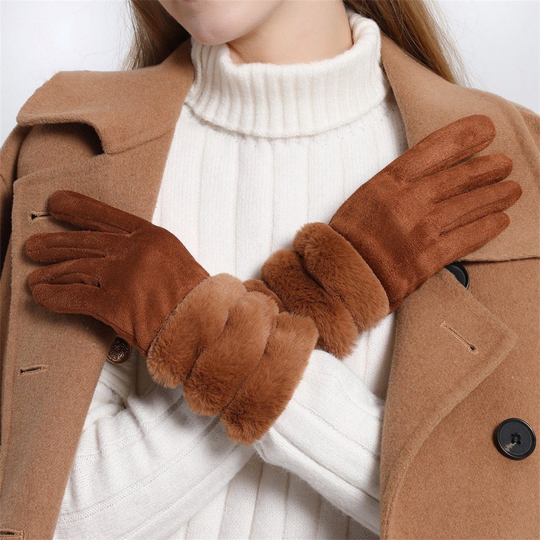DÖRÖY Fleecehandschuhe Damenmode Verdickter Plüsch Handschuhe, Reiten Warme Handschuhe khaki