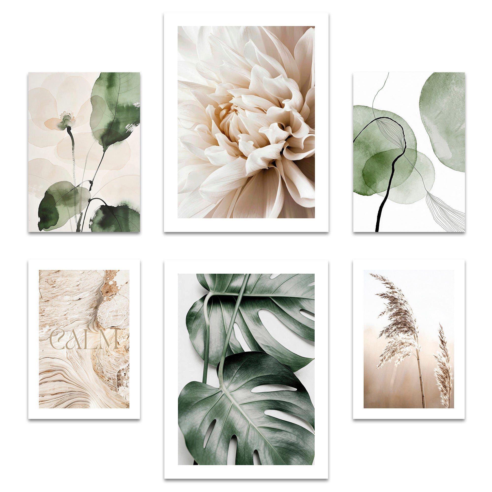 ARTFAVES Bilder-Collage Poster Set Beige Green Calmness I mehrteilige Bilderwand I Wandbilder, (Wandbilder modern, 6 St)