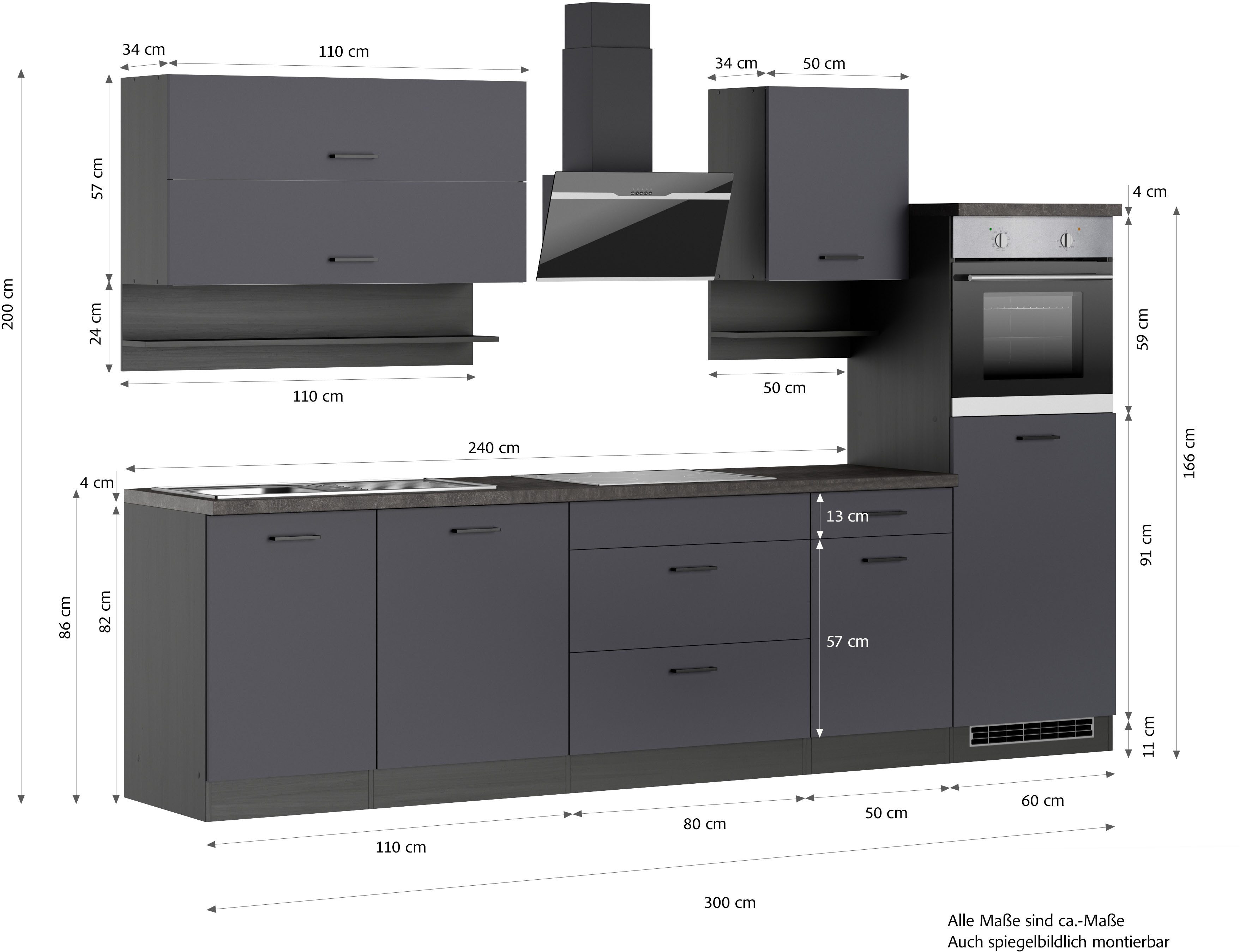 KOCHSTATION Küchenzeile KS-Frieda Breite 300 cm, wahlweise mit E-Geräten, mit 38mm starker Arbeitsplatte