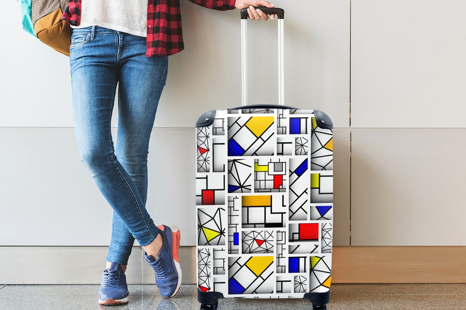 - - Reisetasche MuchoWow Reisekoffer Mondrian Handgepäckkoffer Trolley, Muster, rollen, mit für 4 Ferien, Handgepäck Rollen, Formen Gestaltung -