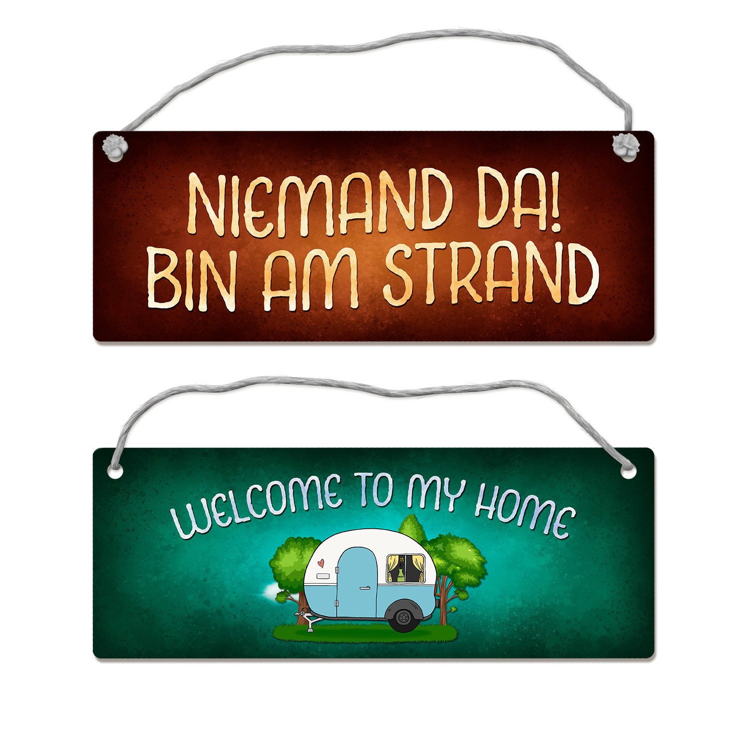 Metallschild Welcome to my home oder bin am Strand Wendeschild mit Kordel Camping
