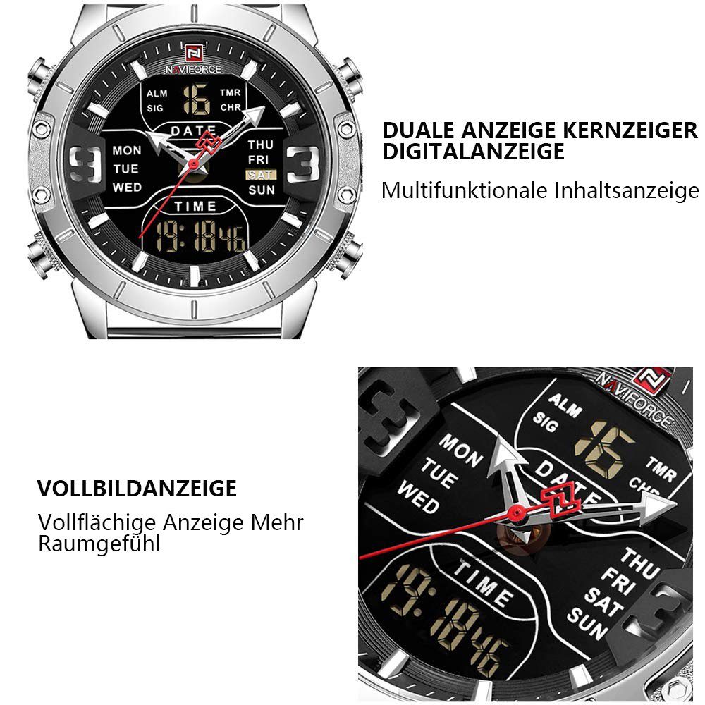 Digitaluhr, wasserdichte Edelstahl Quarzuhr Sportuhren, Silber GelldG Armbanduhr Uhr