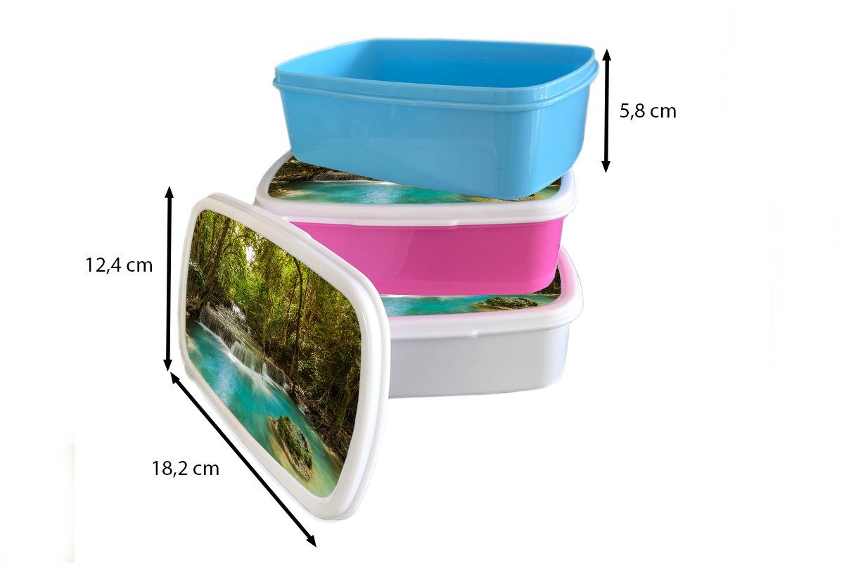 weiß im, Lunchbox Kunststoff, Brotdose, Mädchen an und Bäume blaues (2-tlg), Erwachsene, MuchoWow und thailändischen Wasser Grüne einem und Kinder Brotbox für Jungs für Wasserfall