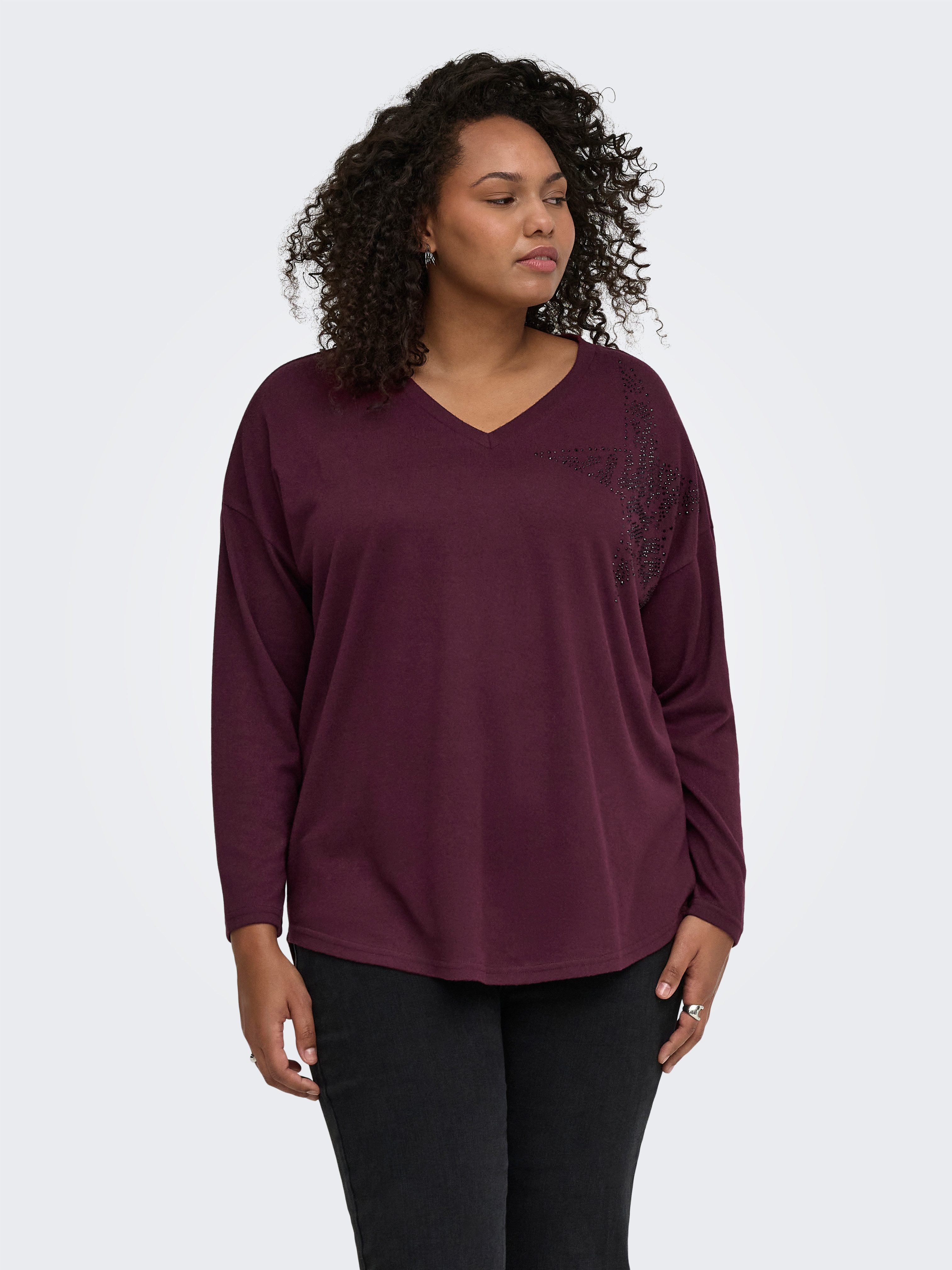 ONLY CARMAKOMA V-Shirt CARALBA L/S V-NECK DECO TOP JRS BF Kunstfaser, regular fit
