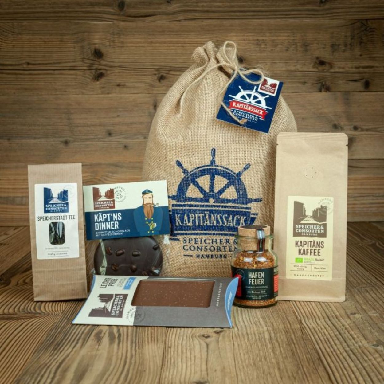 Die Speicherconsorten Lebensmittel-Geschenkset "Hamburger Kapitänssack" - 5 handgefertigte Feinkostprodukte