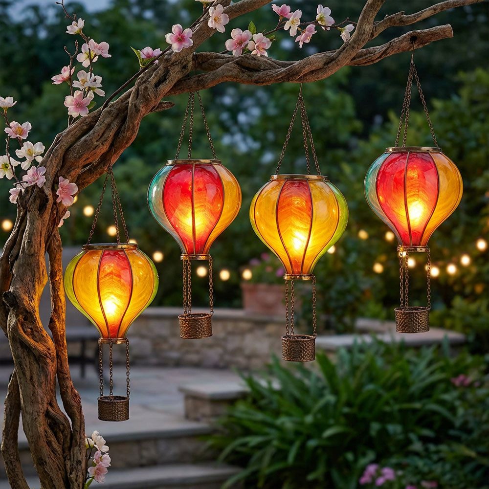 Expo Börse LED Solarleuchte, LED-Leuchtmittel fest verbaut, Warmweiß, LED Solar Außen Hängelampe Heißluftballon Gartenleuchte bunt 4er Set