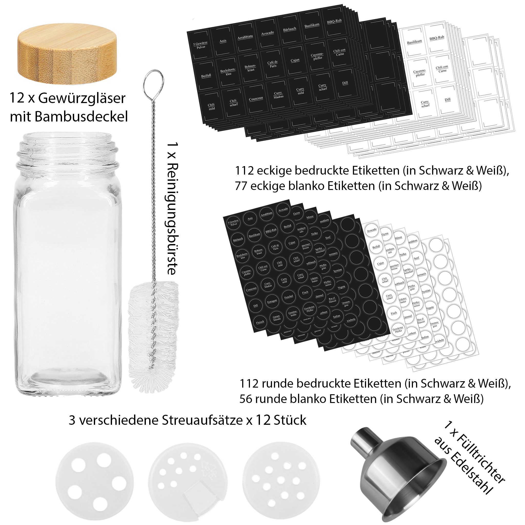 VonBueren Gewürzstreuer VonBueren Gewürzgläser eckig leer Bambusdeckel mit Streueinsatz, (12-tlg)
