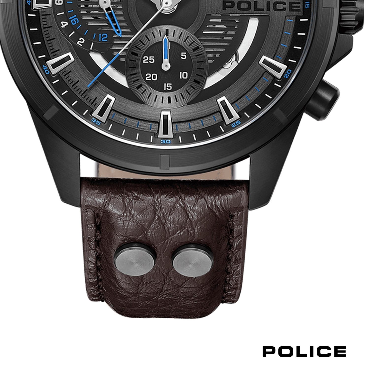 Police Chronograph Police Herrenuhr Leder dunkelbraun, (Chronograph), Herrenuhr rund, extra groß (ca. 45x53mm) Lederarmband, Casual-Style