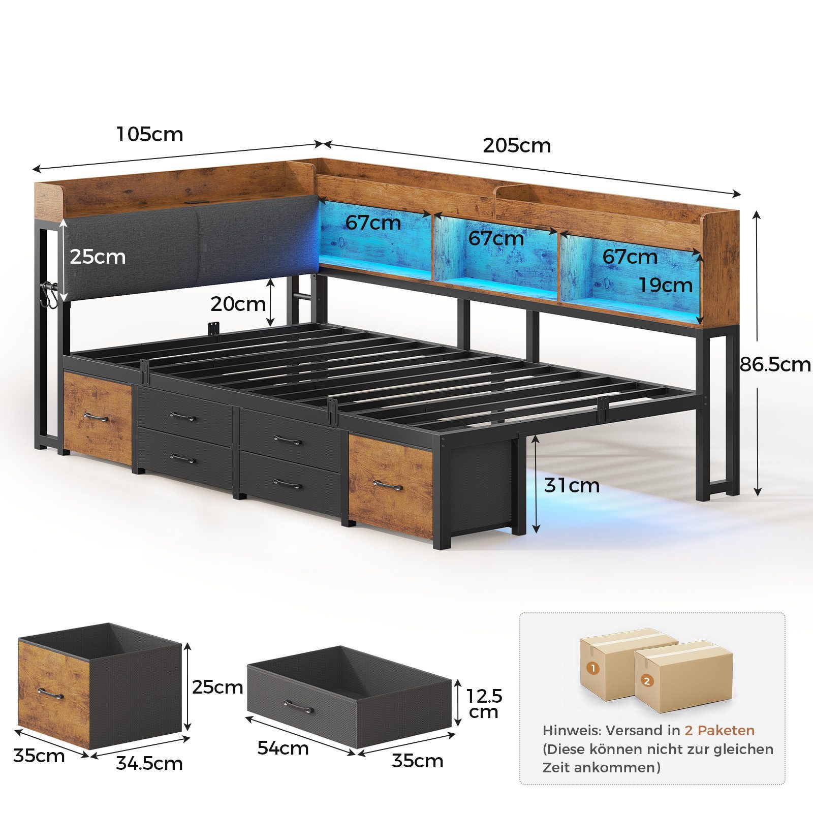 MSMASK Daybett Tagesbett Schlafsofa mit LED-Beleuchtung & Ladestation, Jugendbett mit 6 Staufächern und 6 Schubladen – Liegefläche 90x190 cm