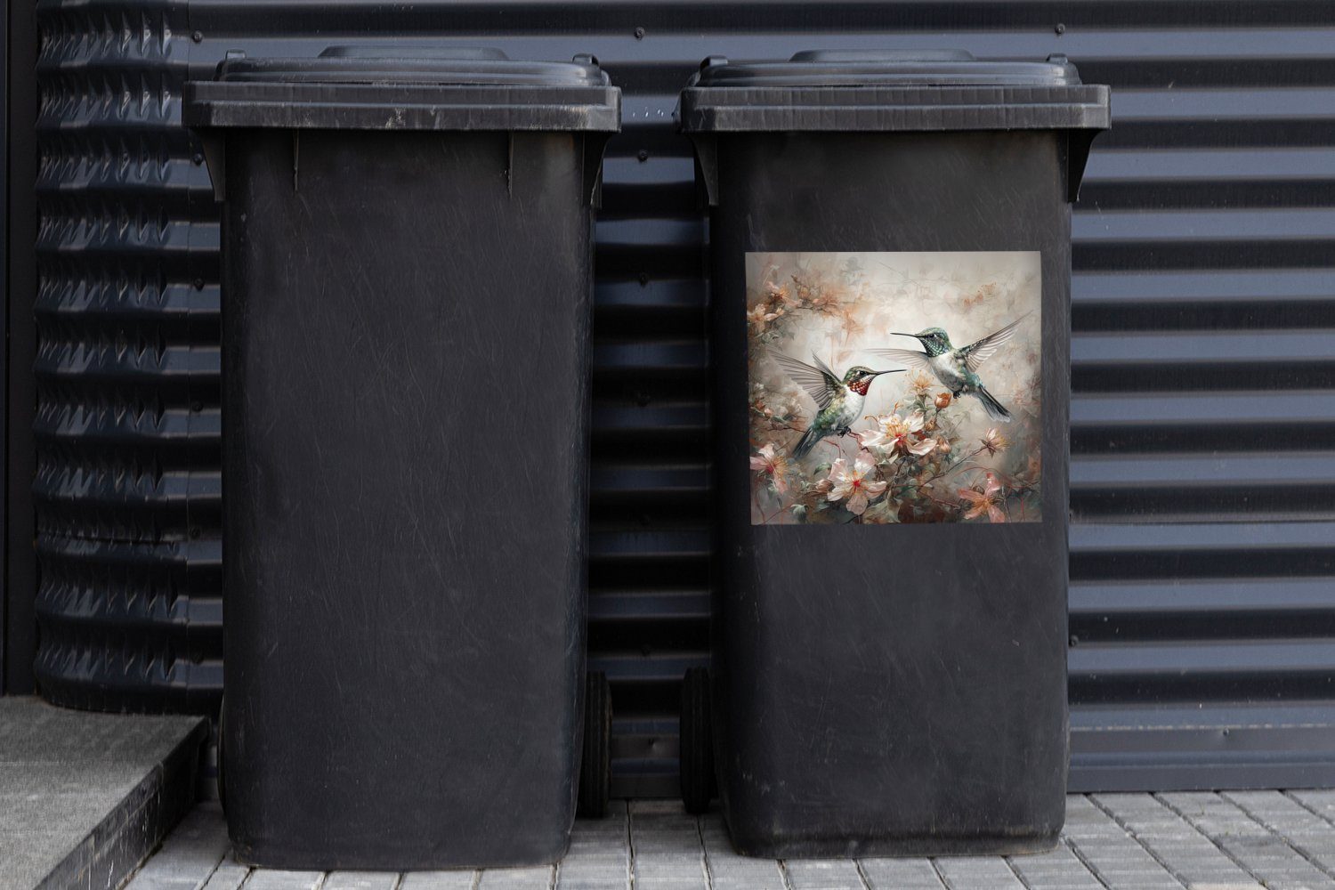Container, Wandsticker (1 - Kolibri Blumen St), - Sticker, Mülltonne, Abfalbehälter - Vögel MuchoWow Mülleimer-aufkleber, Pflanzen