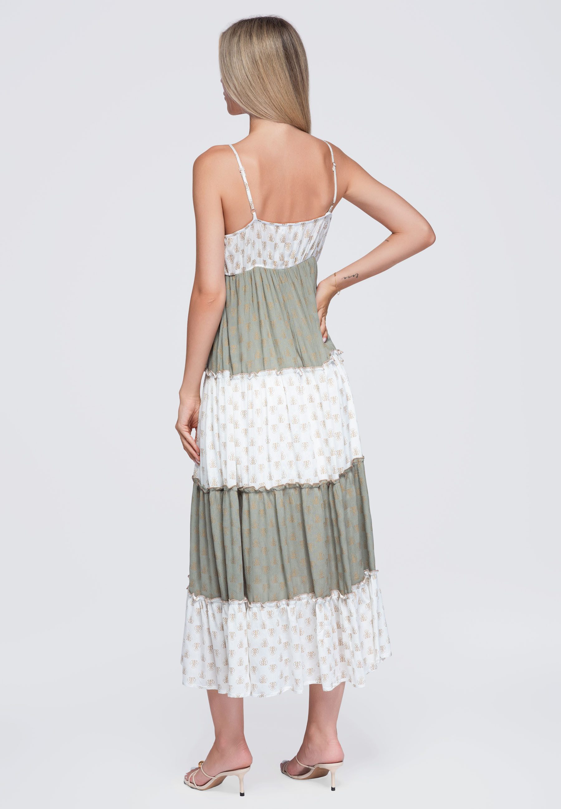 OMBRE Maxikleid Damen Maxikleid mit V-Ausschnitt und Rüschen Grün M (kein Set, 1-tlg) maxi Länge
