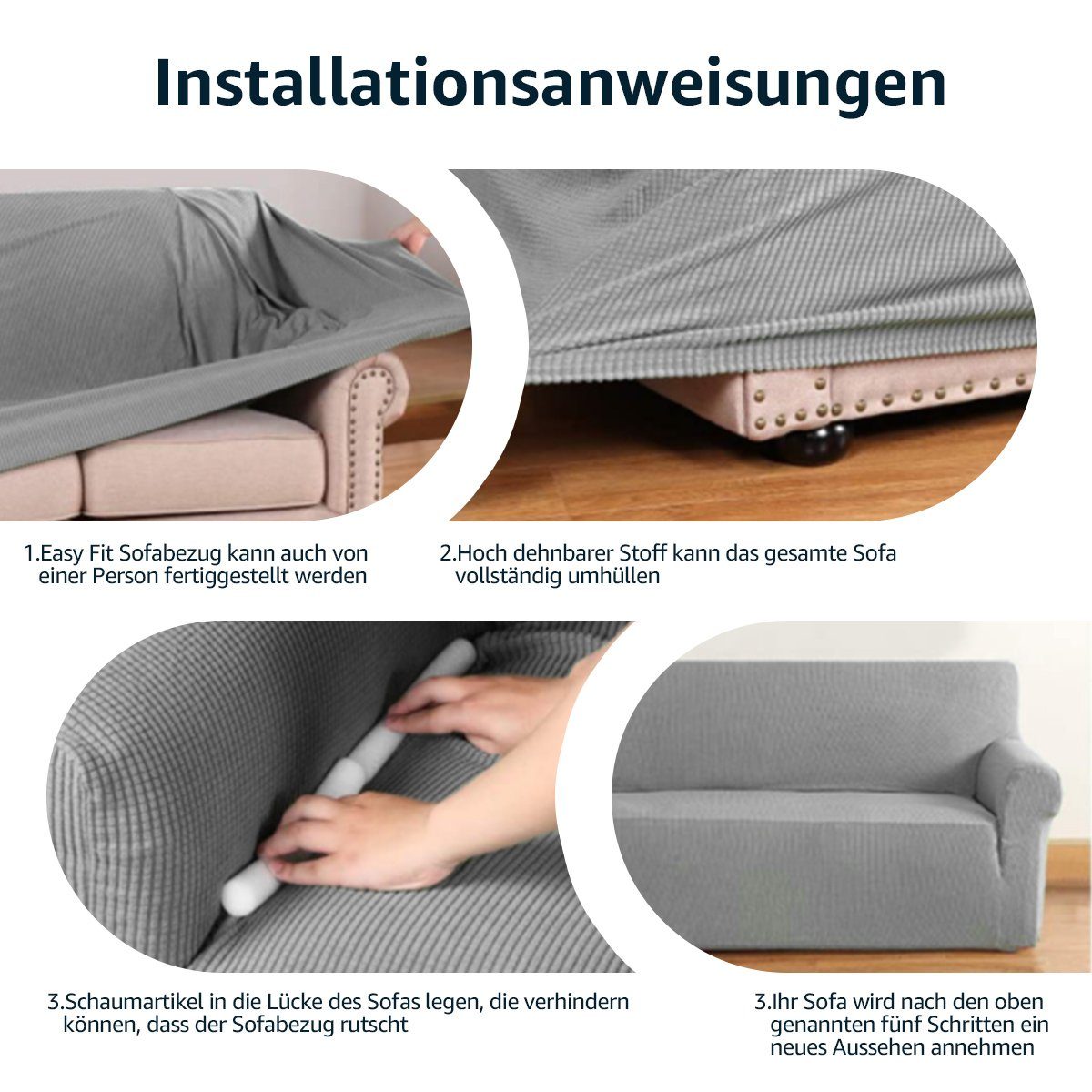 elastischem rutschfesten dezentem Schaumstoffstreifen Sofahusse Stretch-Sofabezug mit Grau Bund, Elastisch Muster, Couch MULISOFT, Sesselbezug mit